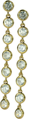 Dangle bezel round laboratory grown diamond simulant cubic zirconia drop earrings in 14k yellow gold.