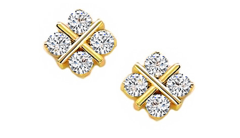 Tic tac toe X and O hugs and kisses lab grown diamond look cubic zirconia stud earrings in 14k yellow gold.