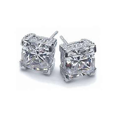Decadence lab created cubic zirconia 4 carat each cushion cut basket set stud earrings in 14k white gold.