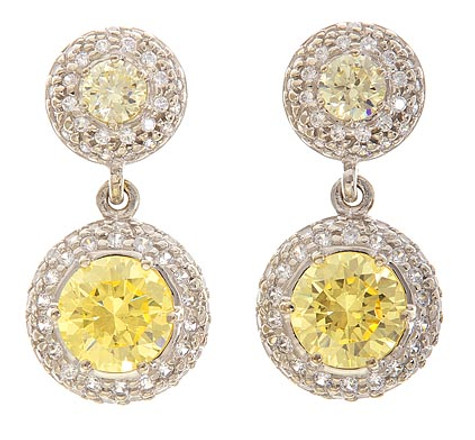 Amici canary laboratory grown diamond quality cubic zirconia round halo drop earrings in 14k white gold.