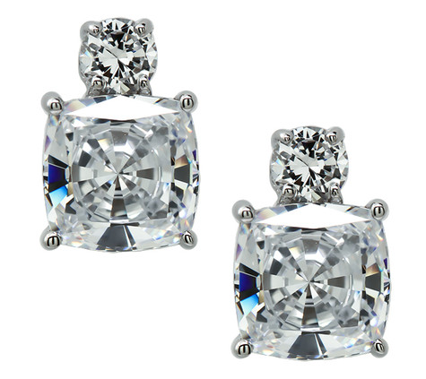 Kyra 2.5 carat each lab grown diamond look cubic zirconia cushion cut stud earrings in 14k white gold.