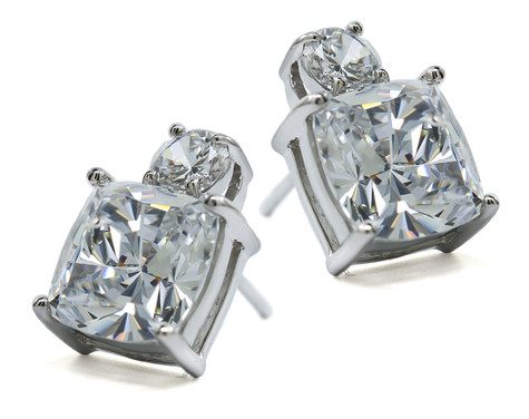 Kyra 2.5 carat each lab grown diamond quality cubic zirconia cushion cut stud earrings in 14k white gold.