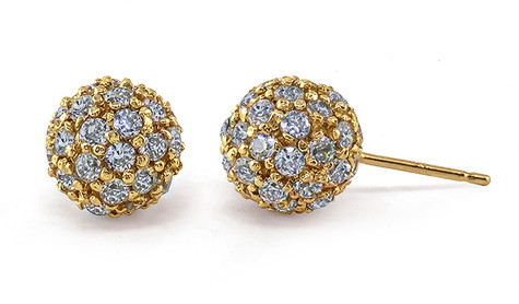 Studio 54 disco ball pave set round laboratory grown diamond alternative cubic zirconia stud earrings in 14k yellow gold.