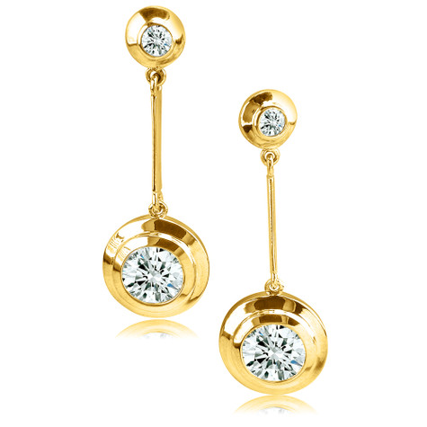 Pendullum round lab grown diamond alternative cubic zirconia bezel set drop earrings in 14k yellow gold.