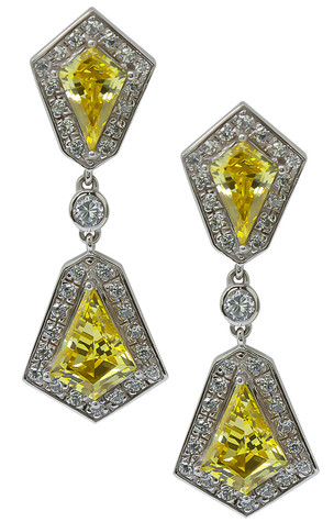 Kite shaped halo lab created cubic zirconia canary drop pave earrings in 14k white gold.