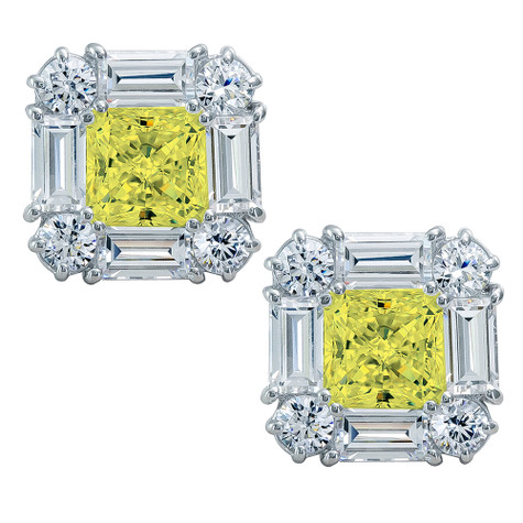 Quatro 1 carat princess cut lab grown yellow canary diamond alternative cubic zirconia halo stud earrings in 14k white gold.