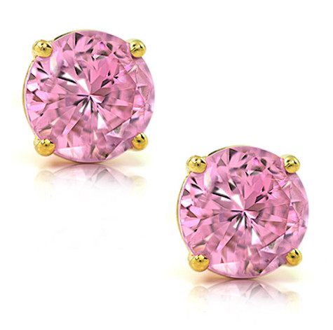 Round 1 carat each lab grown diamond alternative cubic zirconia pink stud earrings in 14k yellow gold.