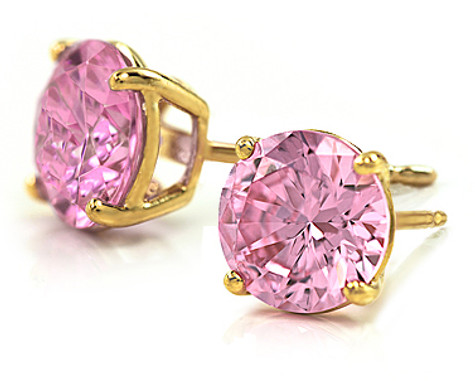 Round 1 carat each pink laboratory grown diamond alternative cubic zirconia stud earrings in 14k yellow gold.