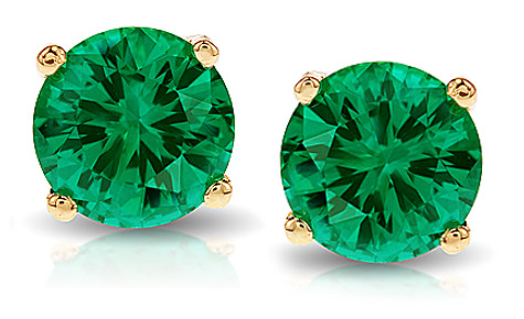 Round 1 carat each man made emerald green gemstone stud earrings in 14k yellow gold.