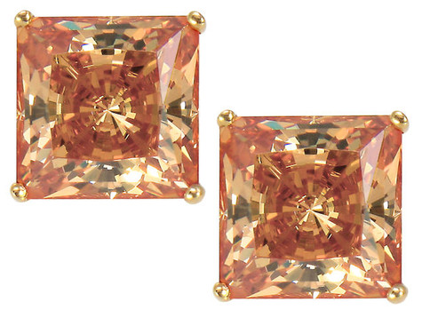 Princess cut 2.5 carat each cognac lab grown diamond simulant cubic zirconia stud earrings in 14k yellow gold.