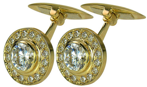 Mandarin 1 Carat Bezel Set Halo Mens Cufflinks with lab grown diamond simulant cubic zirconia in 14k yellow gold.