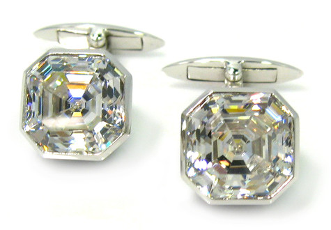 Alexander 5.5 Carat Asscher Cut Bezel Set Cufflinks with lab grown diamond simulant cubic zirconia in 14k yellow gold.