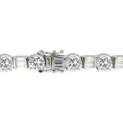Alternating Round and Baguette Bracelet with lab grown diamond simulant cubic zirconia in 14k white gold.