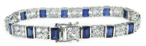 Emerald Cut and Round Bracelet with man made sapphire gemstone and lab grown diamond look cubic zirconia in 14k white gold.