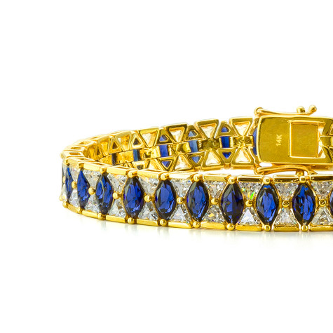 Deco Trillion Sapphire Marquise Bracelet with lab grown diamond look cubic zirconia in 14k yellow gold.