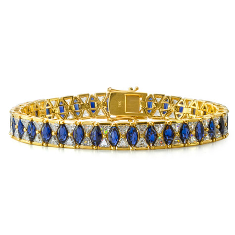 Deco Trillion Sapphire Marquise Bracelet with simulated laboratory grown diamond quality cubic zirconia in 14k yellow gold.