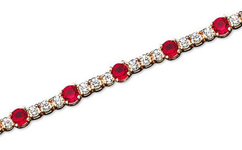 Bauble Round Basket Set Tennis Bracelet with man made ruby gemstone and lab grown diamond quality cubic zirconia in 14k yellow gold.