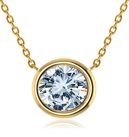 Round bezel set lab grown diamond look cubic zirconia solitaire pendant attached to a cable chain in 18k yellow gold.
