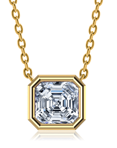 Asscher cut bezel set lab created diamond simulant cubic zirconia solitaire pendant in 18k yellow gold.