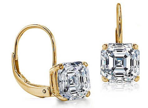 Asscher cut cubic zirconia lab grown diamond look leverback euro wire earrings in 14k yellow gold.