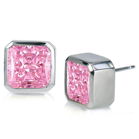 Princess cut square bezel set lab created pink diamond look cubic zirconia stud earrings in 14k white gold.