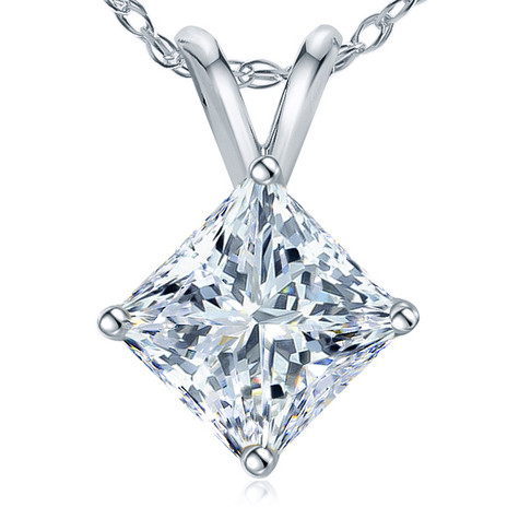 Princess cut square lab grown diamond alternative cubic zirconia basket set classic solitaire pendant in 14k white gold.