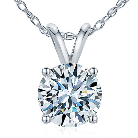 Round lab grown diamond look cubic zirconia basket set classic solitaire pendant in 14k white gold.