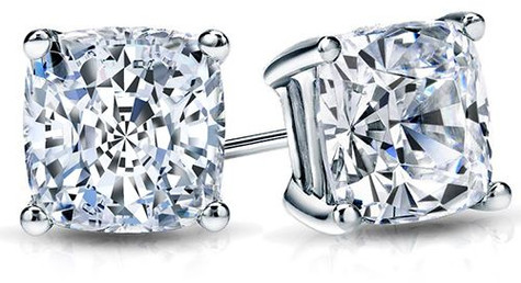 Cushion cut square lab grown diamond look cubic zirconia basket set stud earrings set in 14k white with friction posts.