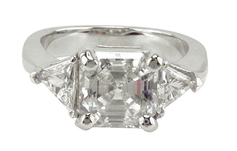 Asscher cut with trillions three stone lab grown diamond look cubic zirconia engagement ring in 14k white gold.