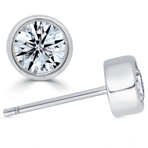 Round bezel set man made lab grown diamond look cubic zirconia stud earrings in platinum with friction posts and tension backs.