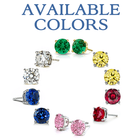 Round bezel set stud earrings in various gem colors, lab created diamond look cubic zirconia, canary yellow diamond, pink diamond, man made sapphire blue, emerald green and ruby red colors.