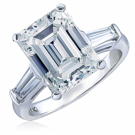 Emerald step cut lab grown diamond alternative cubic zirconia baguette solitaire engagement ring in 14k white gold.