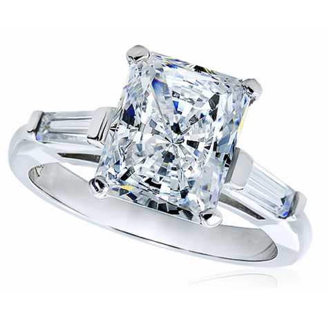 Emerald radiant cut lab grown diamond look cubic zirconia baguette solitaire engagement ring in 14k white gold.