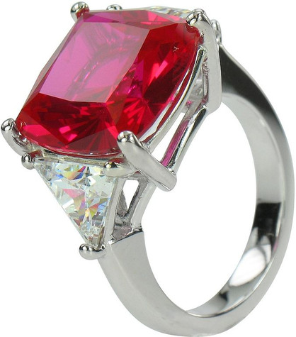 Cushion cut square with trillions three stone man made ruby cubic zirconia engagement ring in 14k white gold.