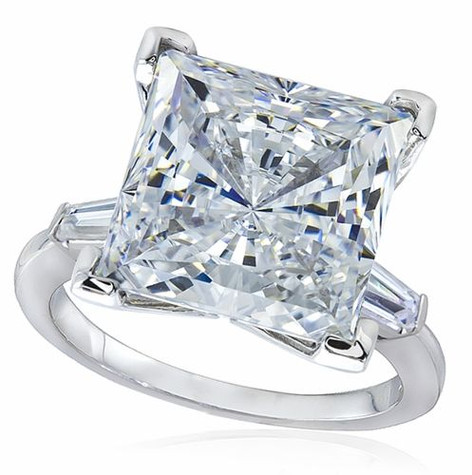 Princess cut square lab grown diamond alternative cubic zirconia baguette solitaire engagement ring in 14k white gold.
