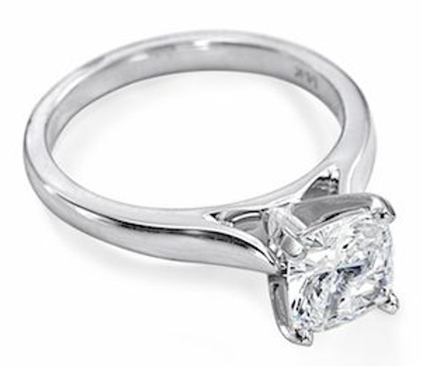 Cushion cut square lab created diamond look cubic zirconia cathedral solitaire engagement ring in 14k white gold.