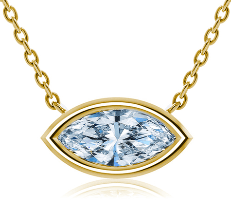Marquise bezel set lab created diamond alternative cubic zirconia horizontal solitaire pendant in 14k yellow gold.