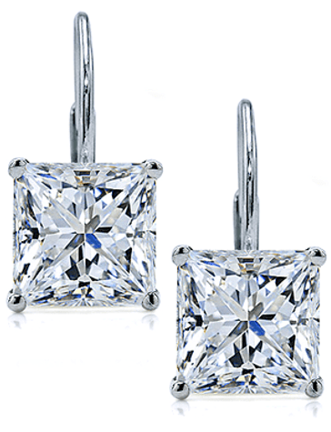 Princess cut square cubic zirconia man made diamond simulant leverback euro wire earrings in platinum.