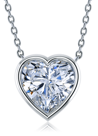 Heart shape bezel set lab grown diamond look cubic zirconia solitaire pendant in 14k white gold.