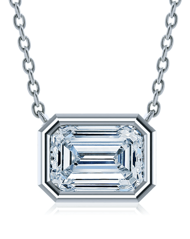 Emerald step cut bezel set lab created diamond simulant cubic zirconia horizontal solitaire pendant in 14k white gold.