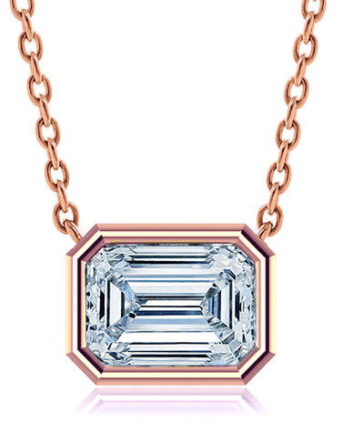 Emerald step cut bezel set lab created diamond alternative cubic zirconia horizontal solitaire pendant in 14k rose gold.