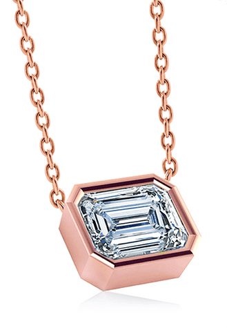 Emerald step cut bezel set lab grown diamond quality cubic zirconia horizontal solitaire pendant in 14k rose gold.