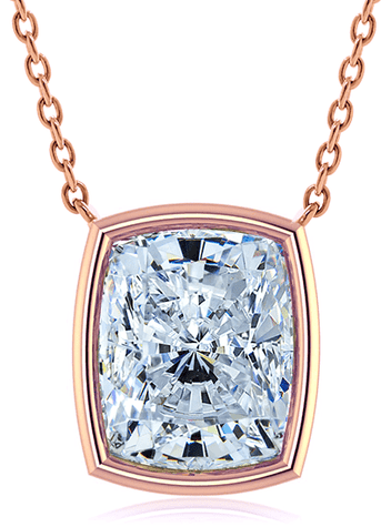 Elongated cushion cut bezel set lab created diamond alternative cubic zirconia solitaire pendant in 14k rose gold.