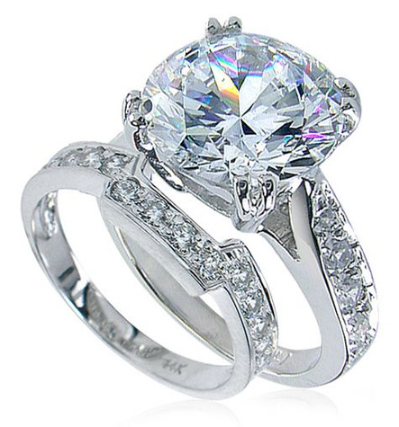 Round 5.5 carat lab grown diamond alternative cubic zirconia cathedral pave bridal set in 14k white gold.