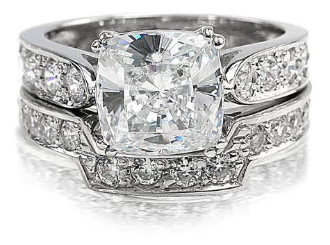 Winston 2.5 Carat Cathedral Cushion Cut Wedding Set and Contoured Matching Band with simulated lab grown diamond quality cubic zirconia in platinum.