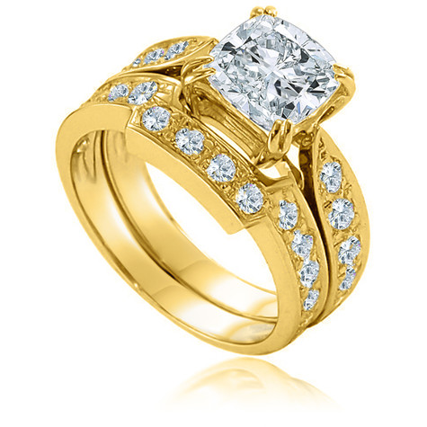 Winston 1.5 Carat Cathedral Cushion Cut Bridal Set and Contoured Matching Band with lab grown diamond look cubic zirconia in 14k yellow gold.