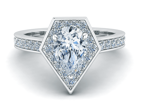 Pear 2 Carat Pentagon Shaped Halo Cathedral Solitaire with lab grown diamond look cubic zirconia in 18k white gold.