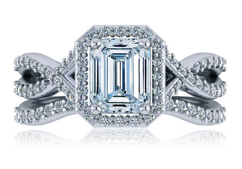 Valeria 1.5 carat emerald cut crossover pave laboratory created diamond alternative cubic zirconia contoured wedding set in platinum.