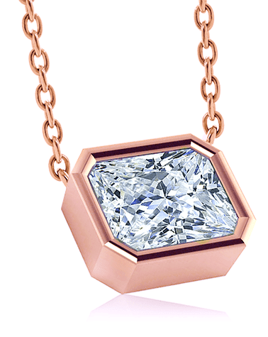 Radiant emerald cut bezel set lab grown diamond simulant cubic zirconia horizontal solitaire pendant in 14k rose gold.