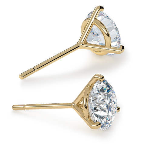 Martini style three prong round basket set lab created diamond simulant cubic zirconia stud earrings in 18k yellow gold.